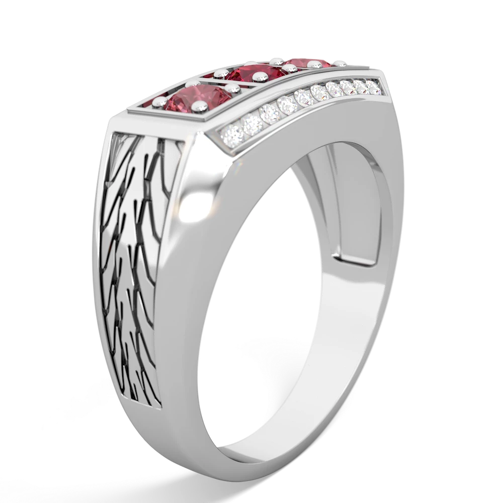 Lab Ruby Three Stone Tire Tread Men's 14K White Gold ring R0520