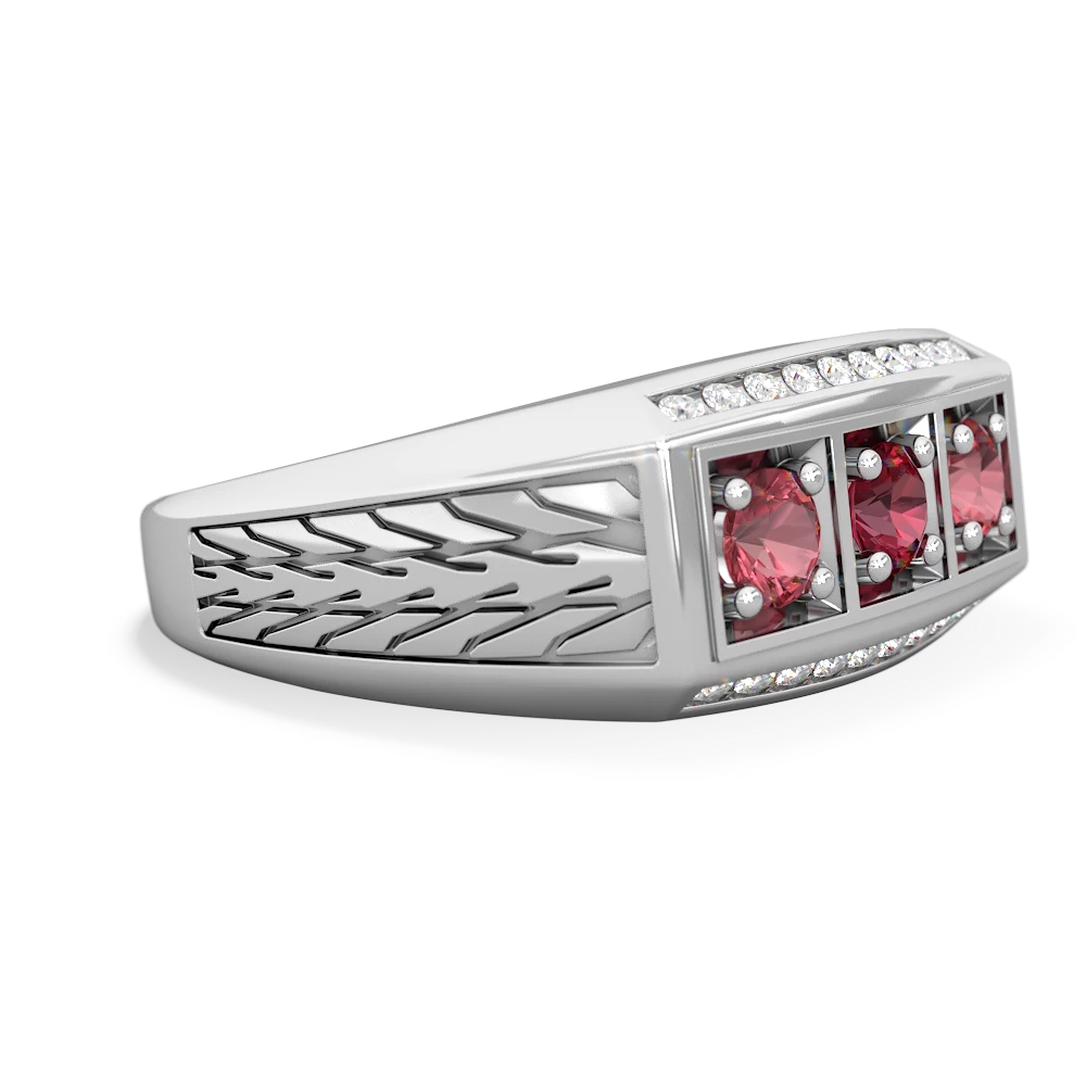 Lab Ruby Three Stone Tire Tread Men's 14K White Gold ring R0520