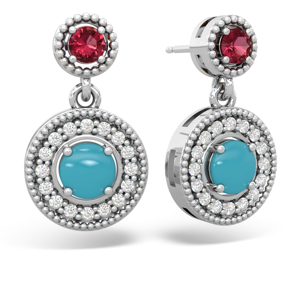 Lab Ruby Halo Dangle 14K White Gold earrings E5319