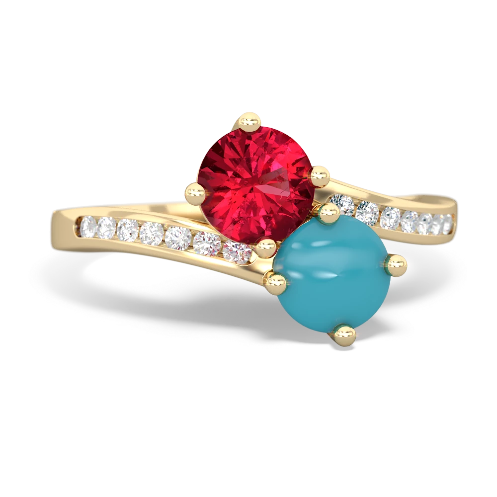 Lab Ruby Channel Set Two Stone 14K Yellow Gold ring R5303