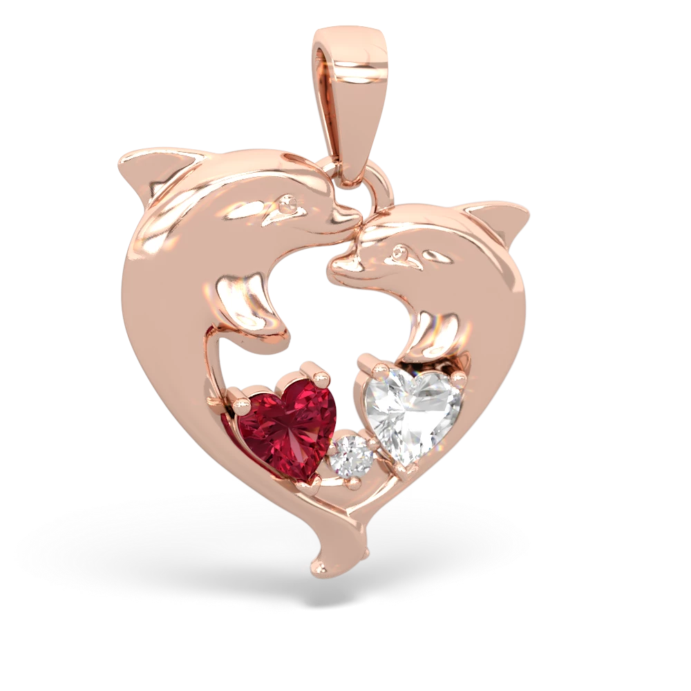 Lab Ruby Dolphin Heart 14K Rose Gold pendant P5820