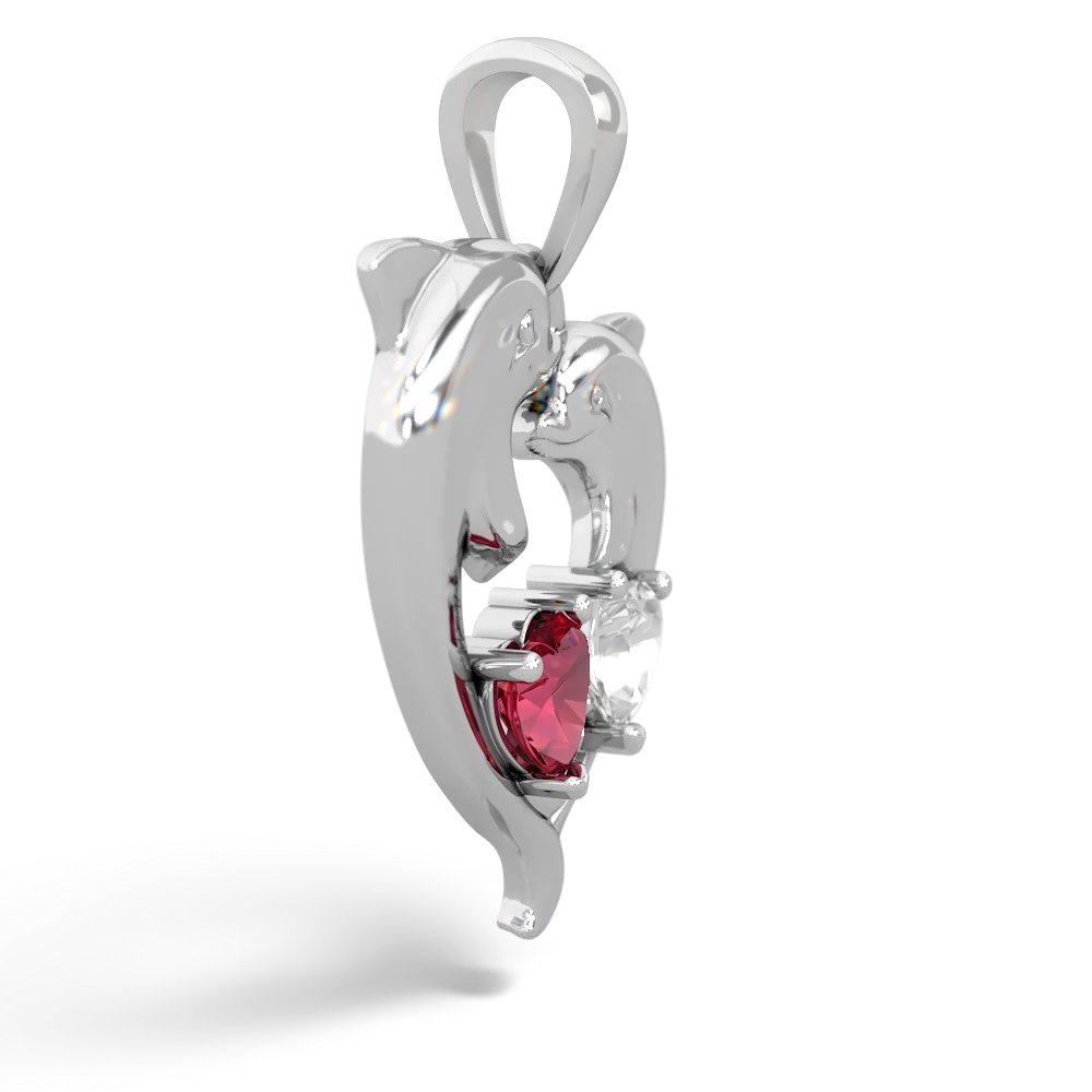 Lab Ruby Dolphin Heart 14K White Gold pendant P5820