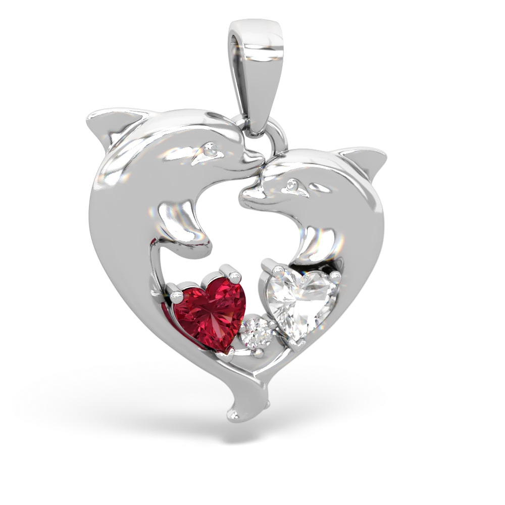 Lab Ruby Dolphin Heart 14K White Gold pendant P5820