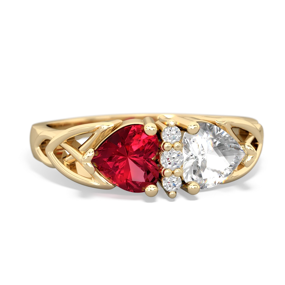 Lab Ruby Celtic Knot Double Heart 14K Yellow Gold ring R5040