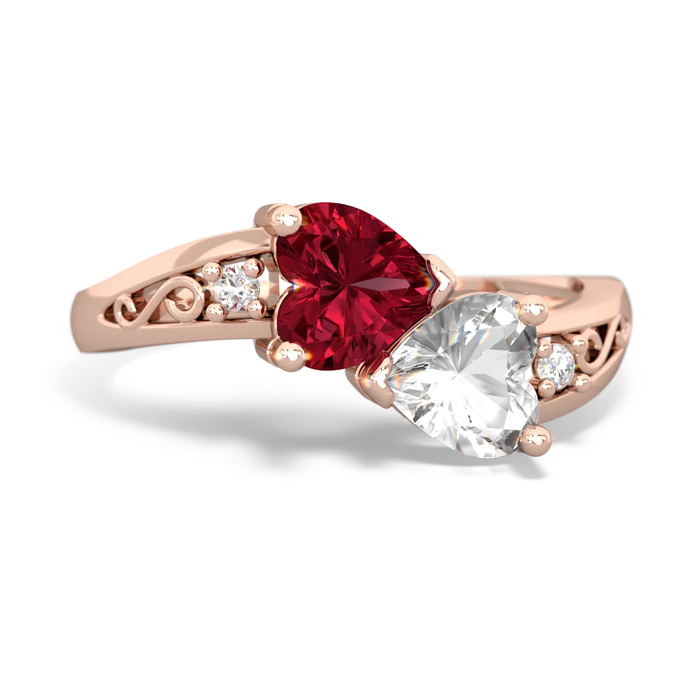 Lab Ruby Snuggling Hearts 14K Rose Gold ring R2178