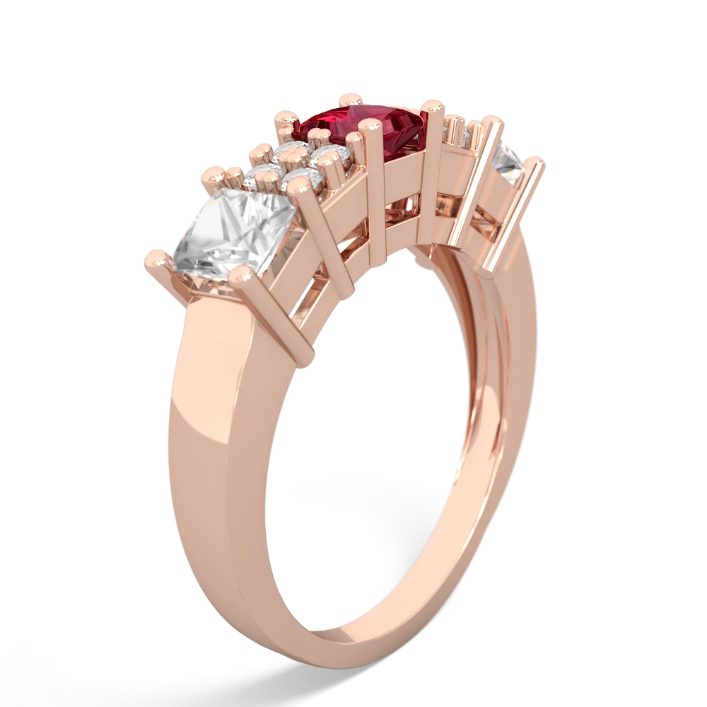 Lab Ruby Three Stone Diamond Cluster 14K Rose Gold ring R2592