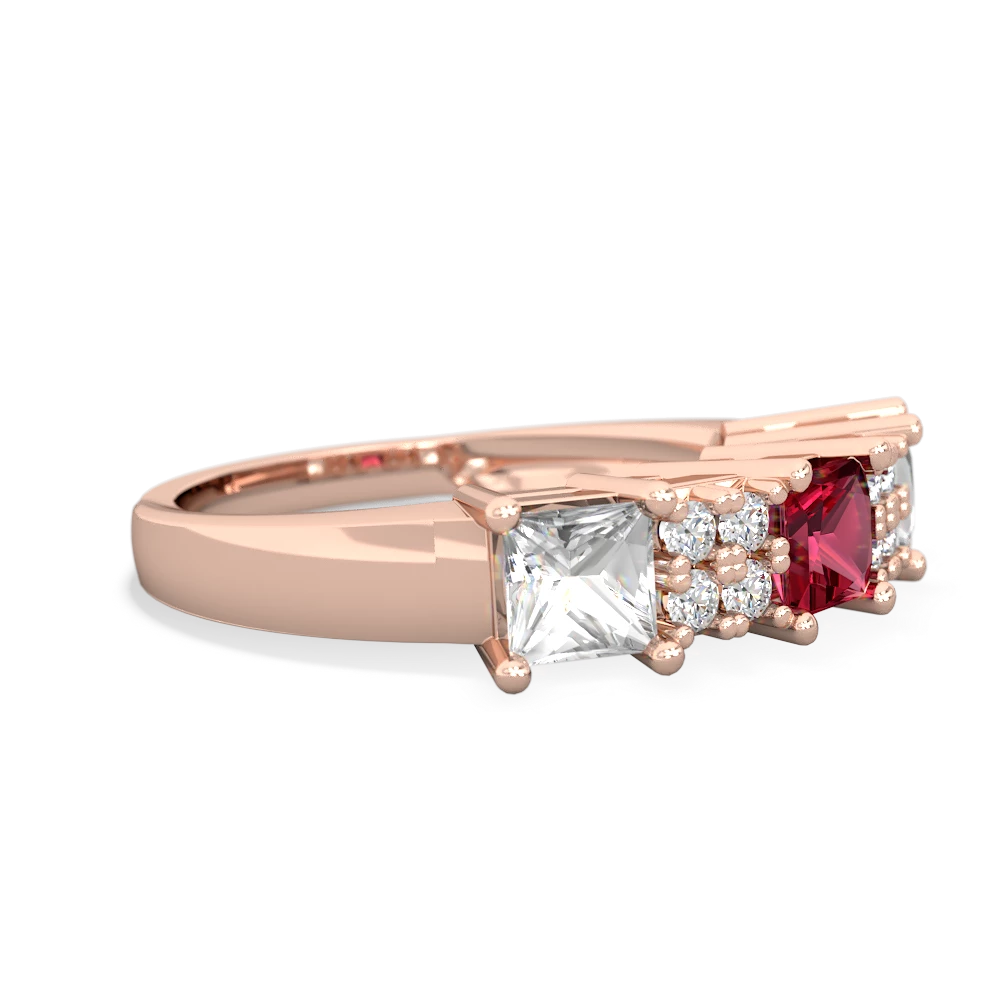 Lab Ruby Three Stone Diamond Cluster 14K Rose Gold ring R2592