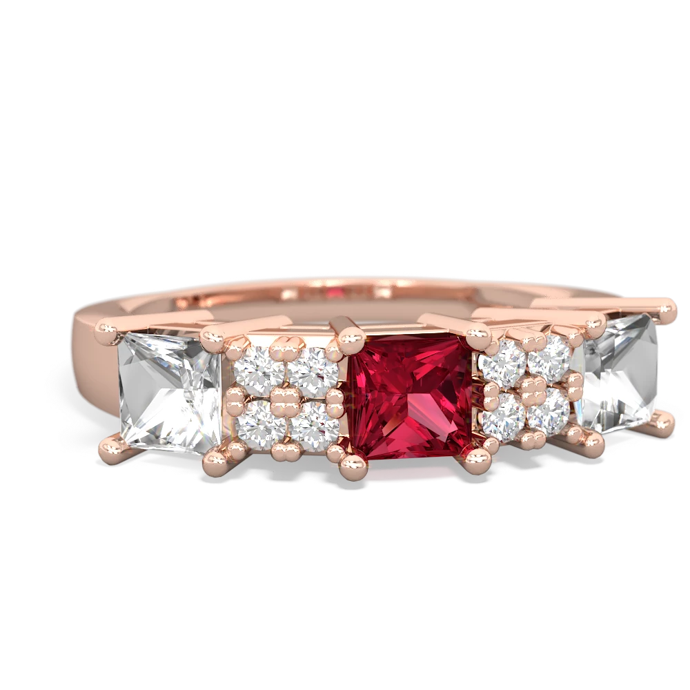 Lab Ruby Three Stone Diamond Cluster 14K Rose Gold ring R2592