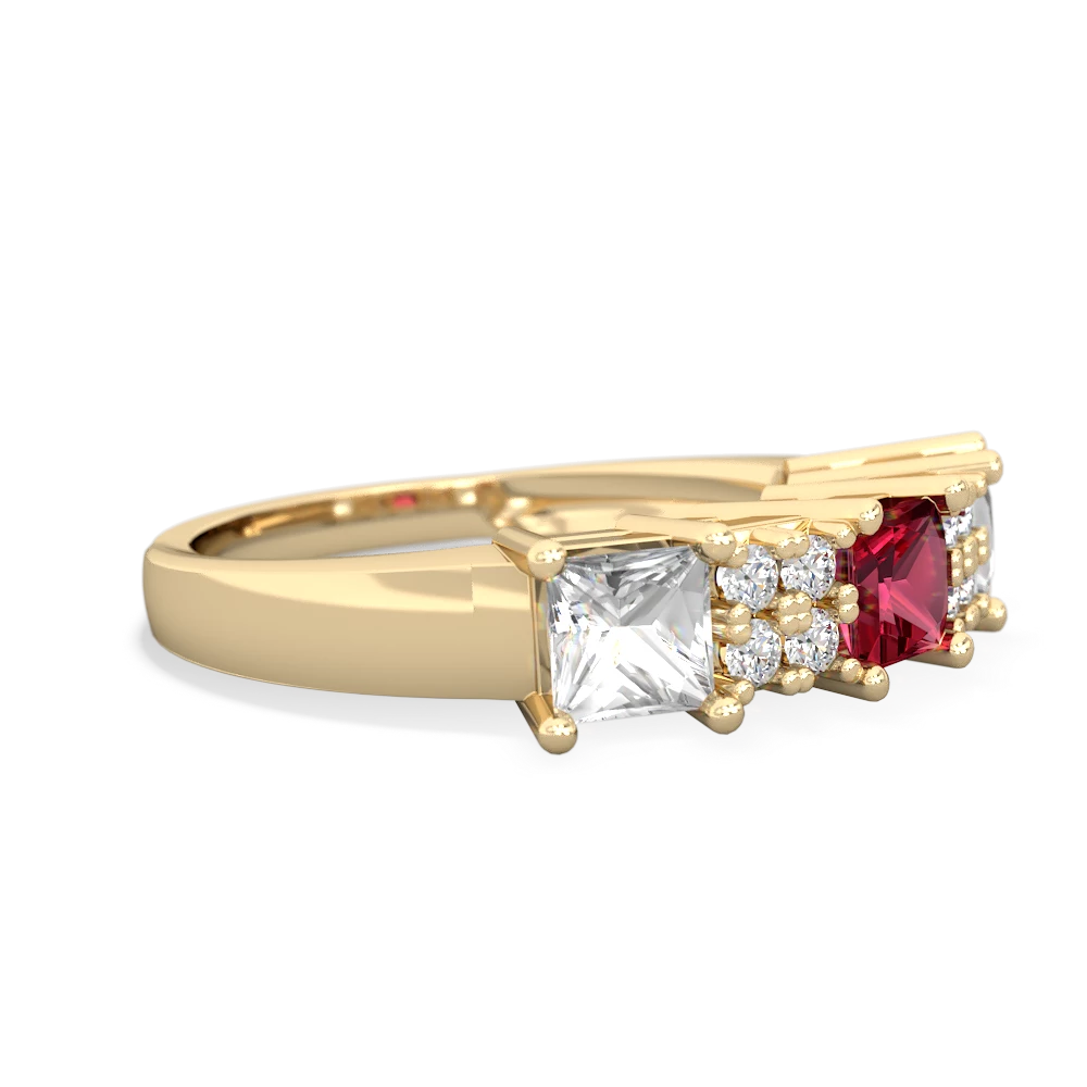 Lab Ruby Three Stone Diamond Cluster 14K Yellow Gold ring R2592