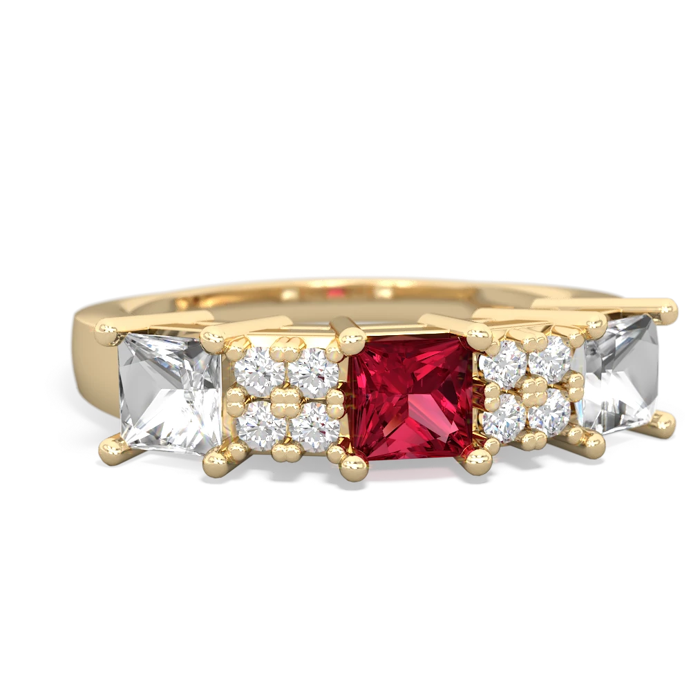 Lab Ruby Three Stone Diamond Cluster 14K Yellow Gold ring R2592