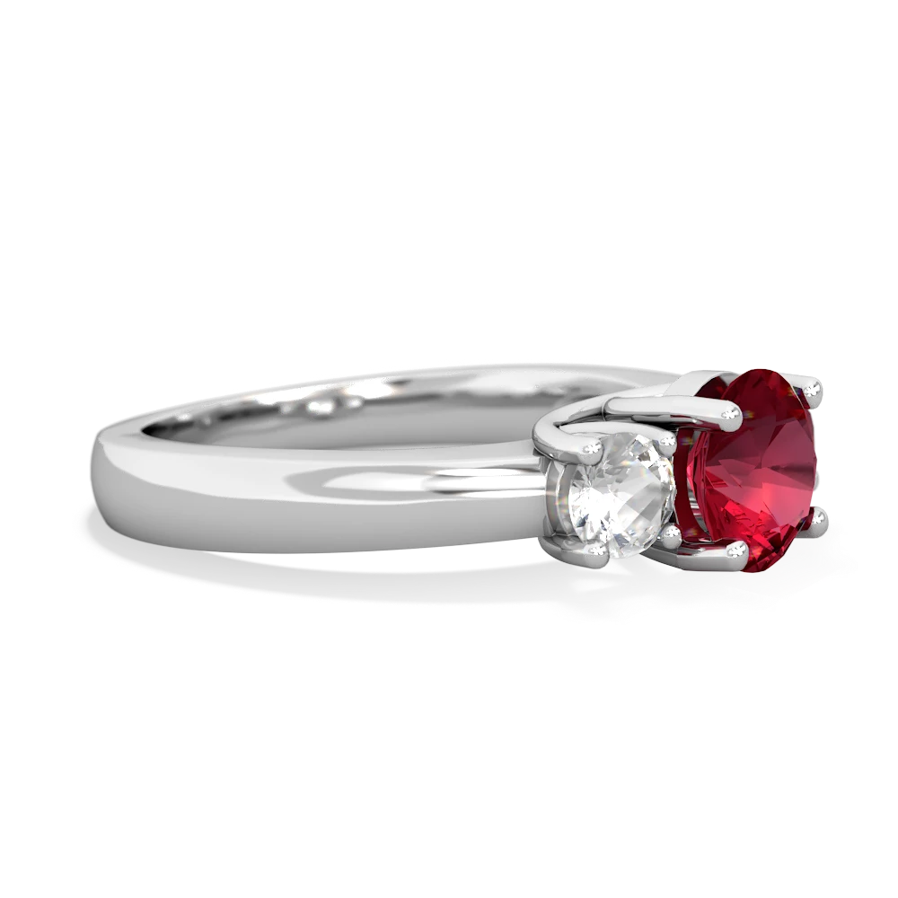 Lab Ruby Three Stone Round Trellis 14K White Gold ring R4018