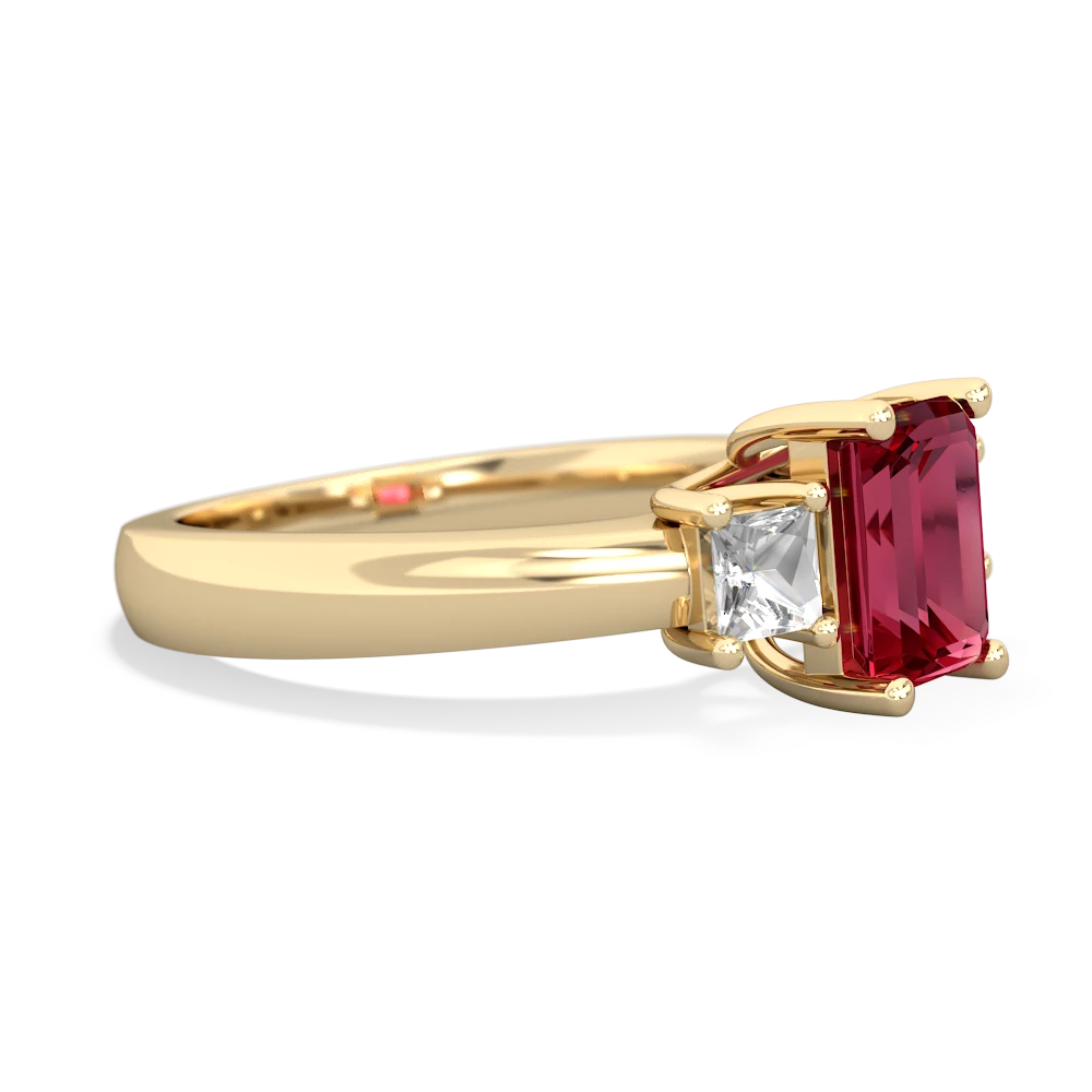 Lab Ruby Three Stone Emerald-Cut Trellis 14K Yellow Gold ring R4021