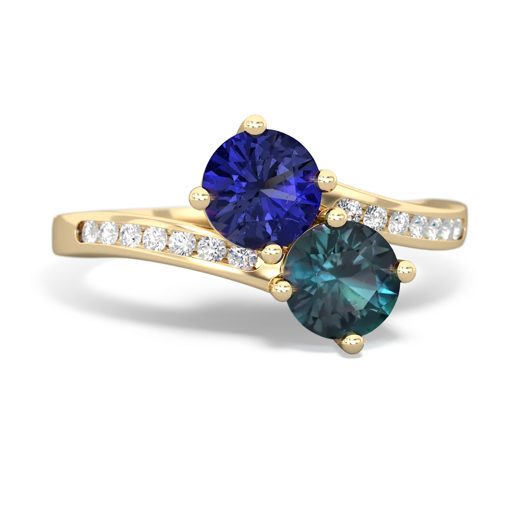 Lab Sapphire Channel Set Two Stone 14K Yellow Gold ring R5303