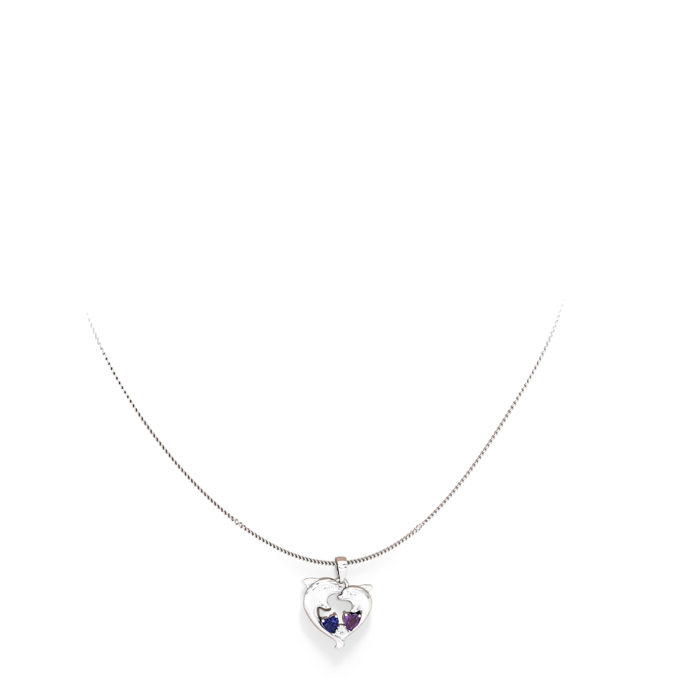 14K White Gold Lab Pink Sapphire with Amethyst Dolphin Heart Necklace