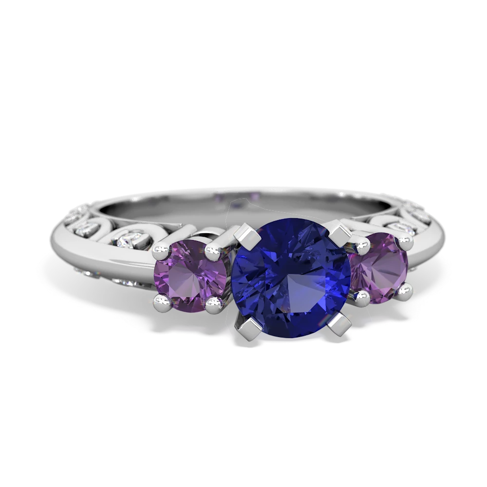 Lab Sapphire Art Deco Eternal Embrace Engagement 14K White Gold ring C2003