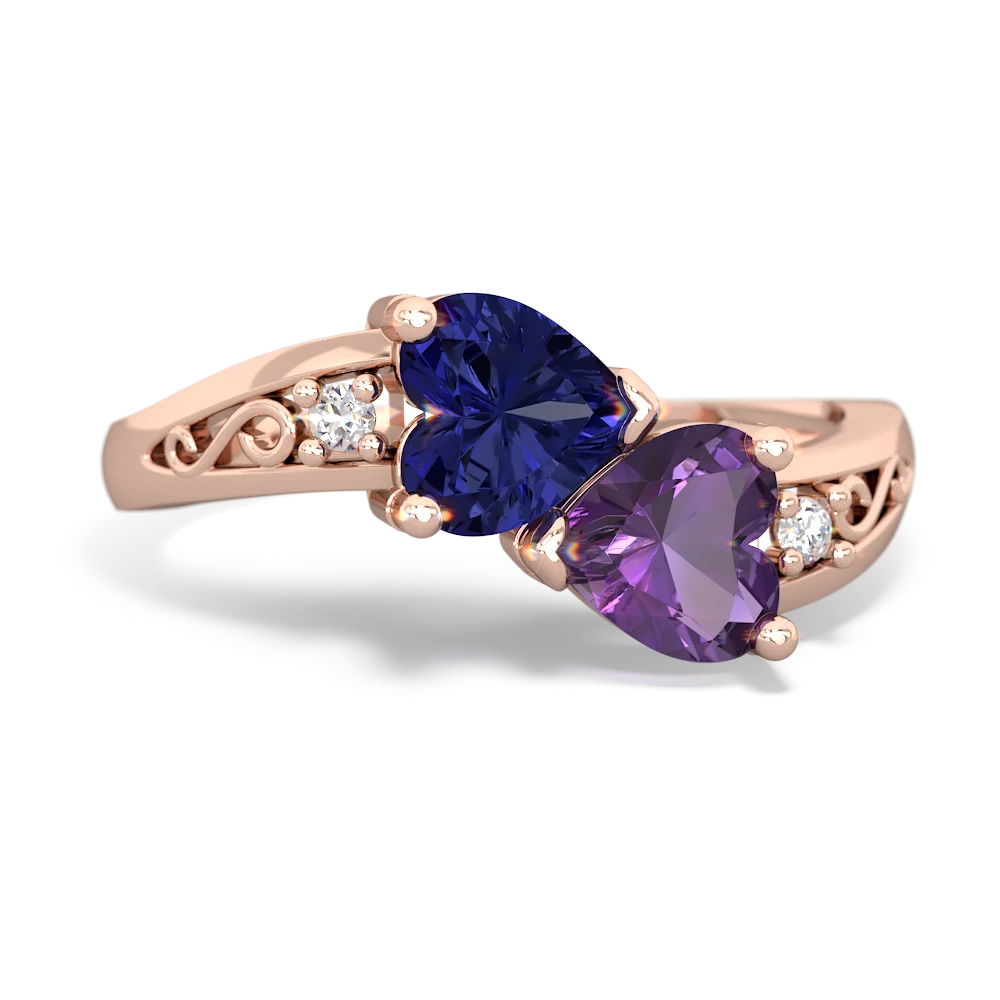 Lab Sapphire Snuggling Hearts 14K Rose Gold ring R2178