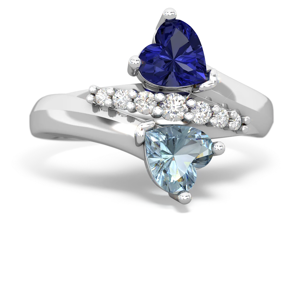 Lab Sapphire Heart To Heart 14K White Gold ring R2064