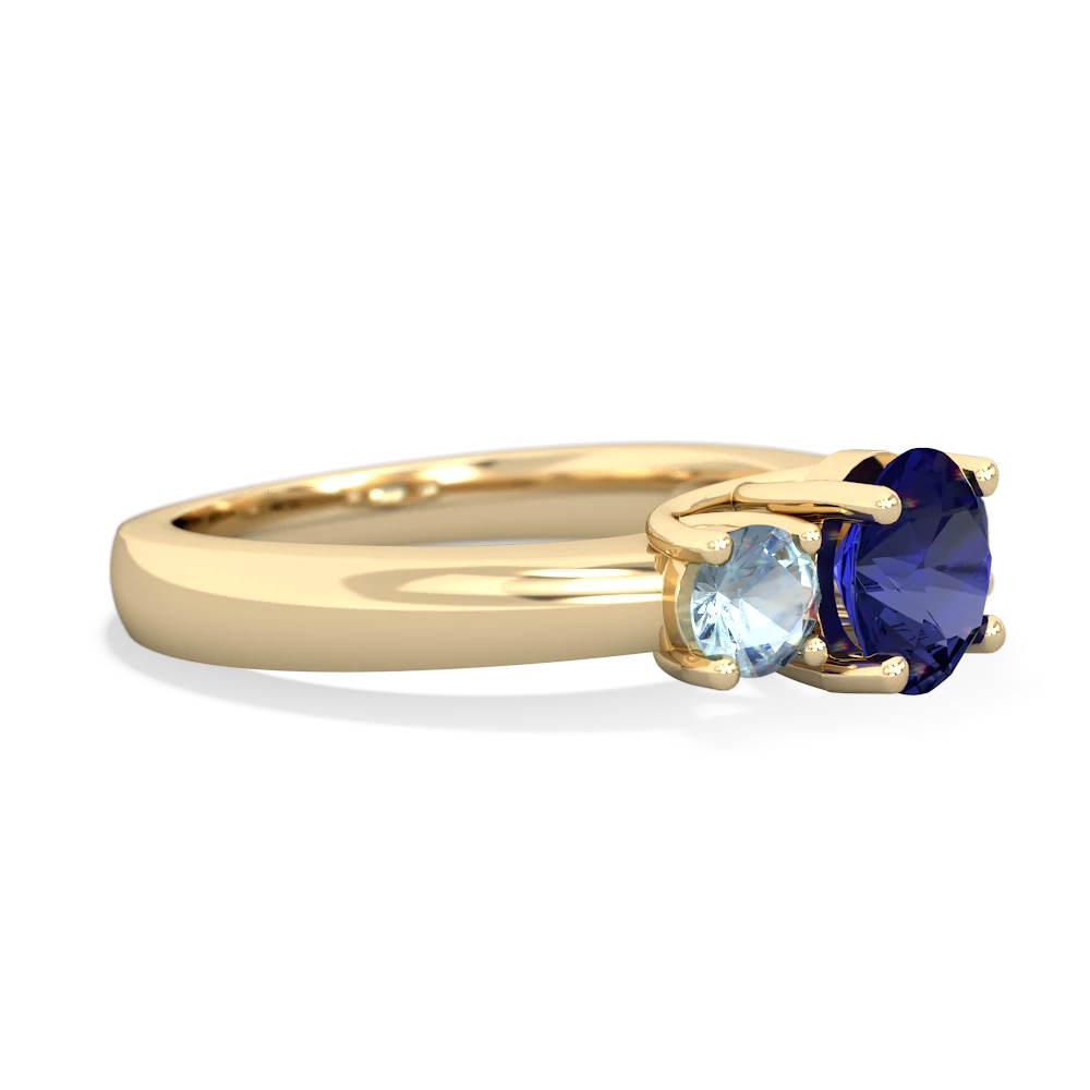 Lab Sapphire Three Stone Round Trellis 14K Yellow Gold ring R4018