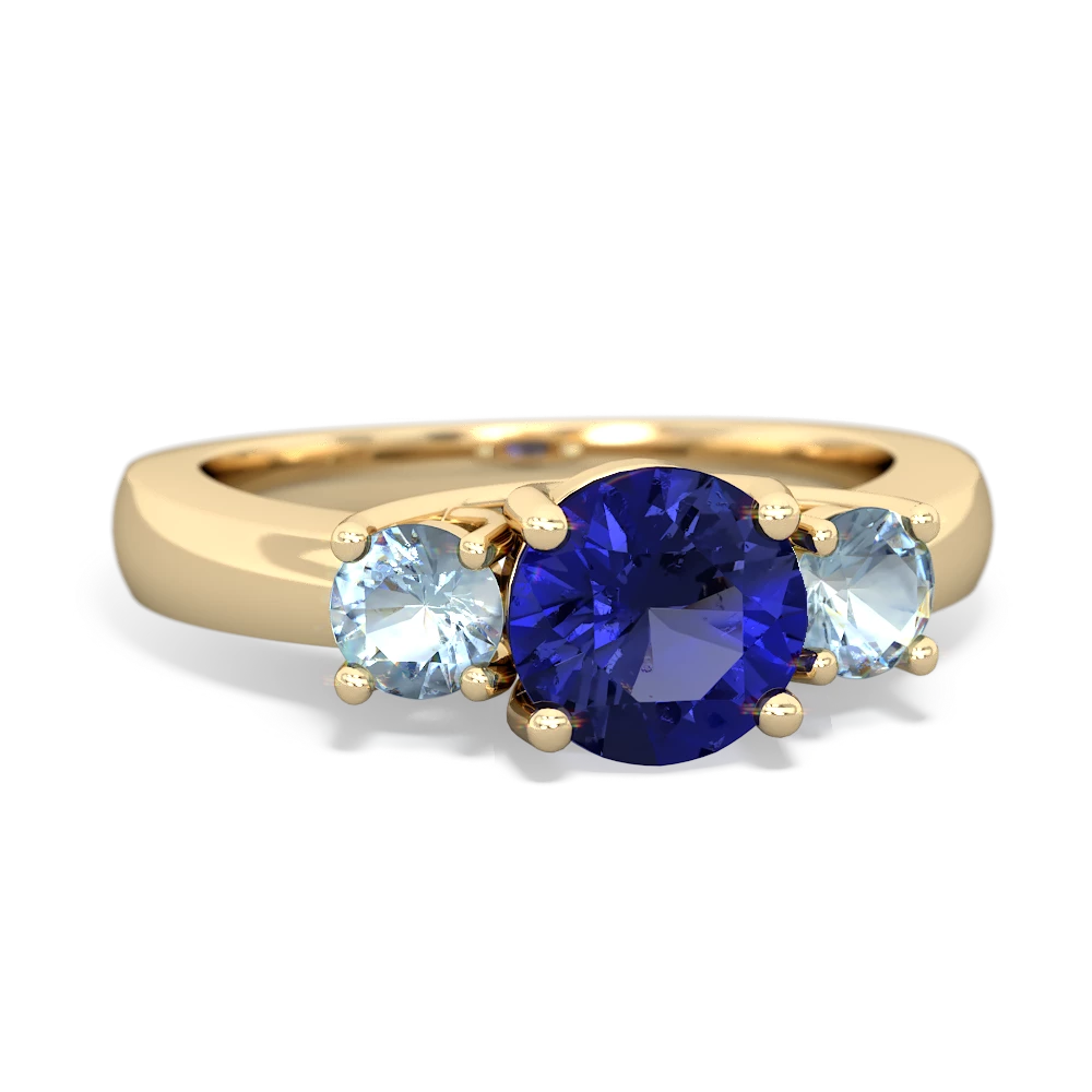 Lab Sapphire Three Stone Round Trellis 14K Yellow Gold ring R4018