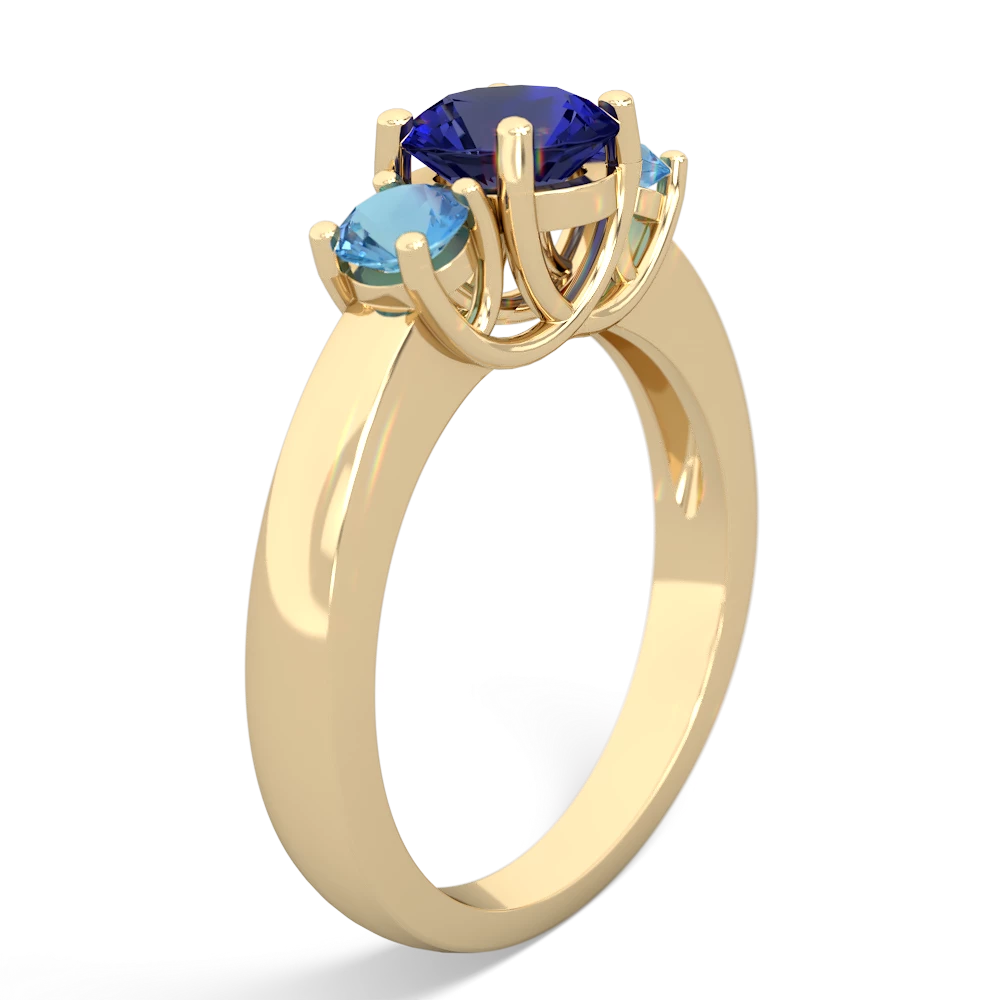 Lab Sapphire Three Stone Round Trellis 14K Yellow Gold ring R4018