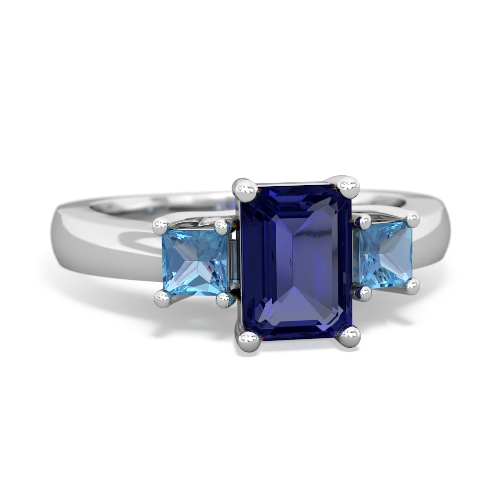 Lab Sapphire Three Stone Emerald-Cut Trellis 14K White Gold ring R4021