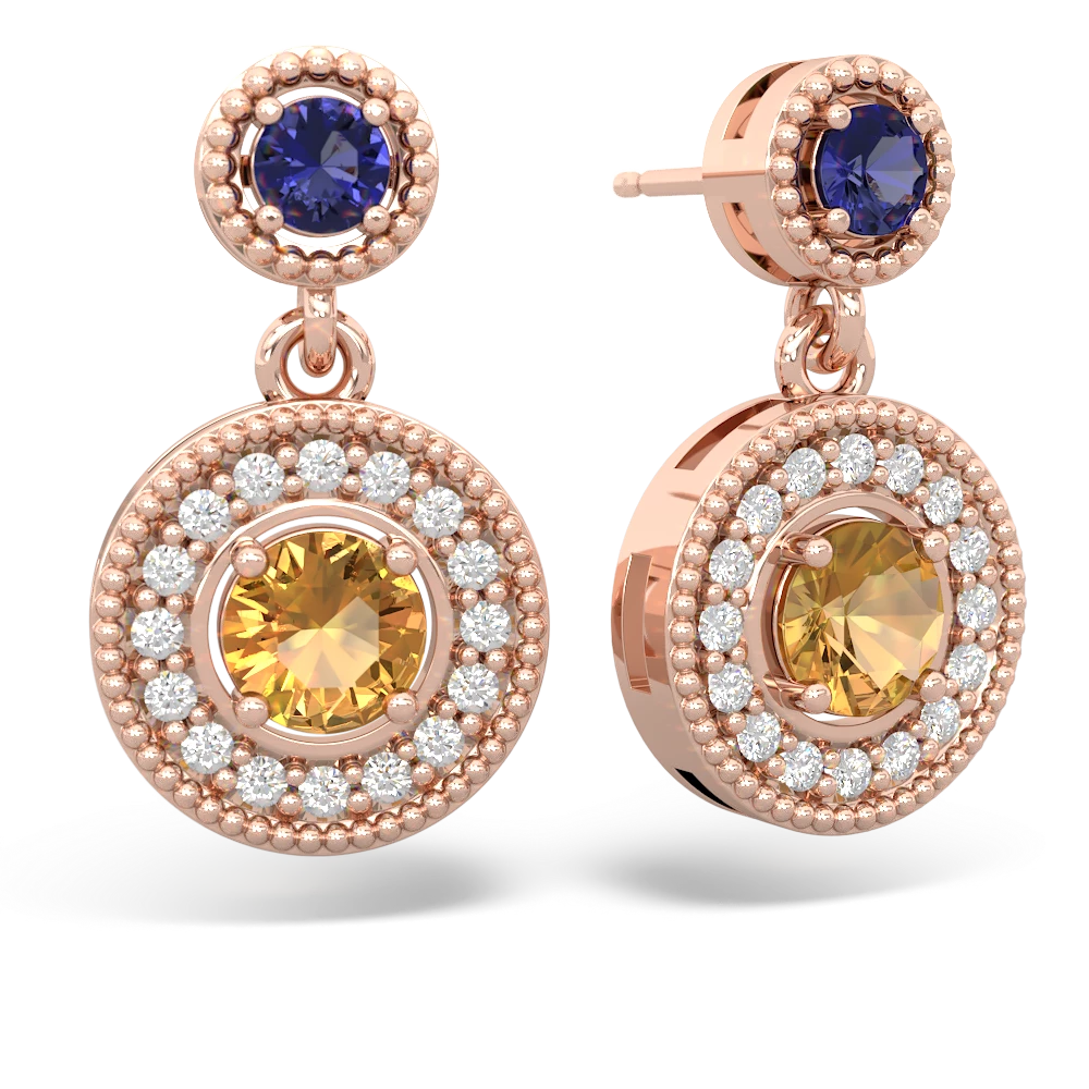 Lab Sapphire Halo Dangle 14K Rose Gold earrings E5319