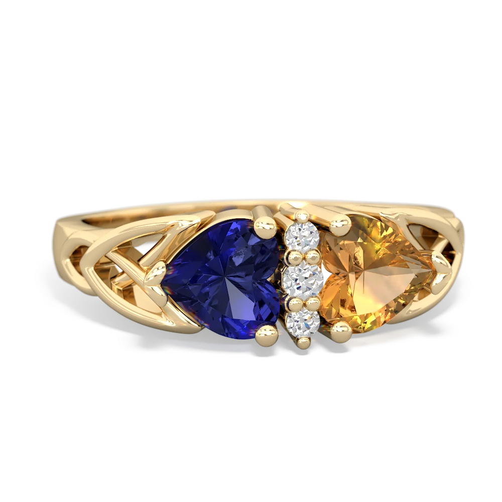 Lab Sapphire Celtic Knot Double Heart 14K Yellow Gold ring R5040