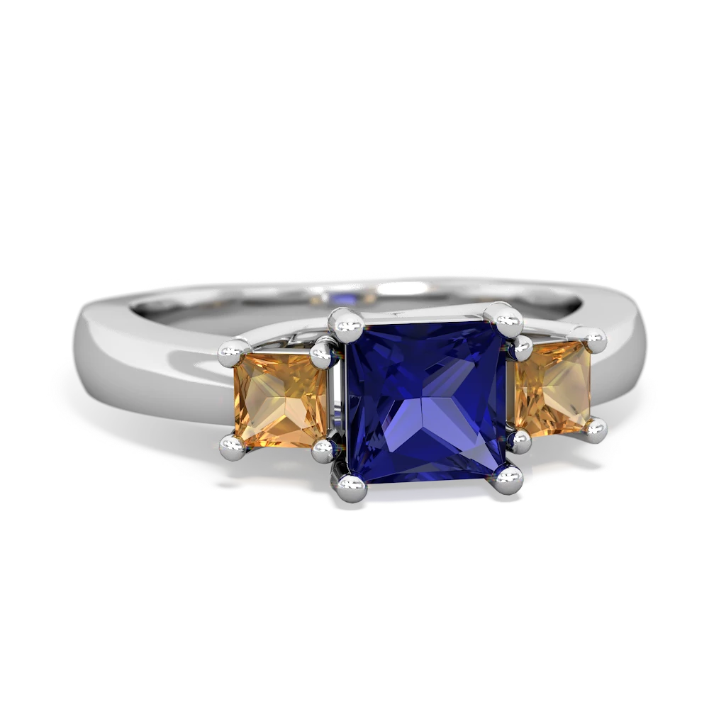 Lab Sapphire Three Stone Trellis 14K White Gold ring R4015