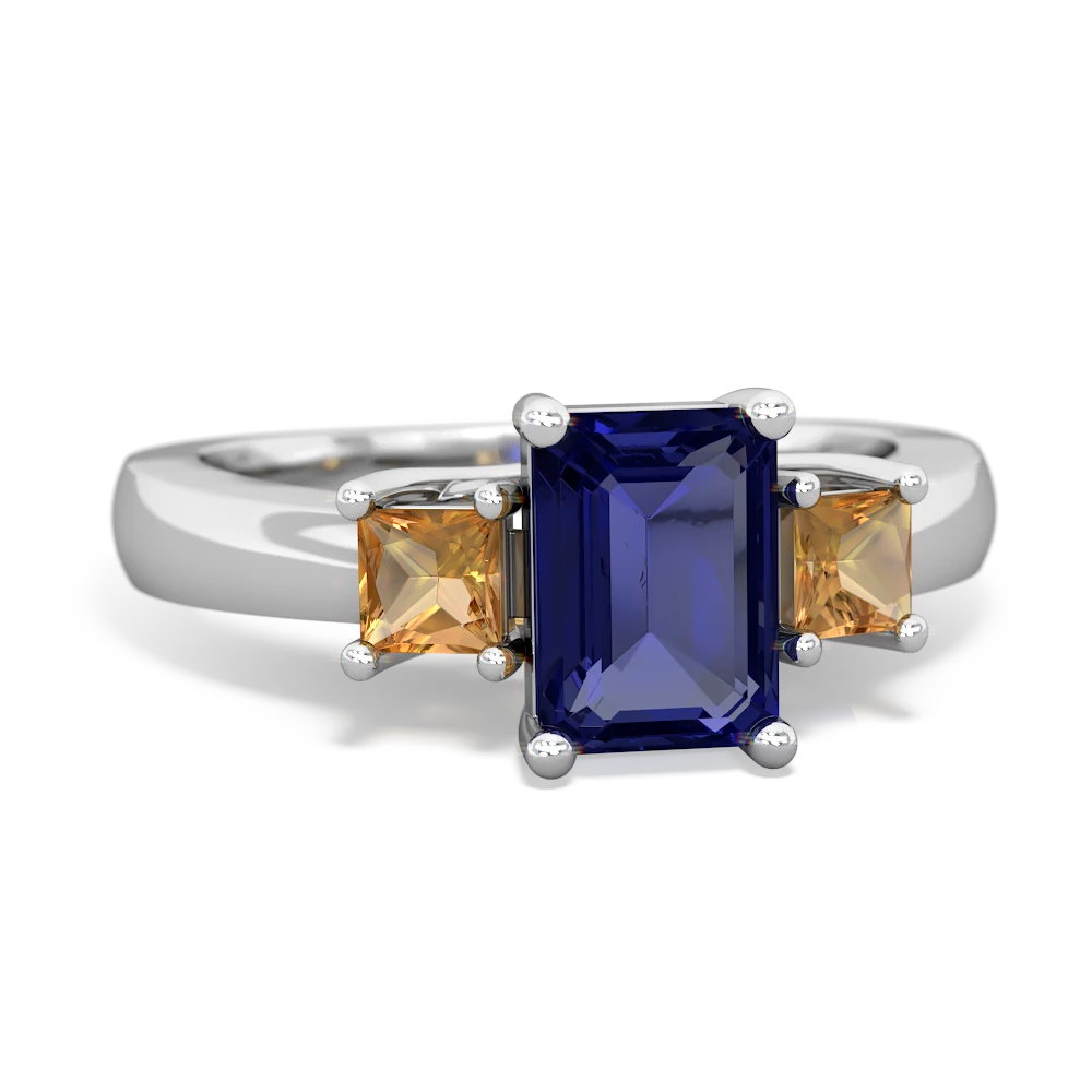 Lab Sapphire Three Stone Emerald-Cut Trellis 14K White Gold ring R4021