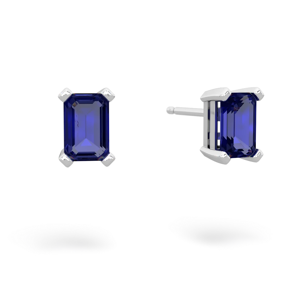 Lab Sapphire 6X4mm Emerald-Cut Stud 14K White Gold earrings E1855