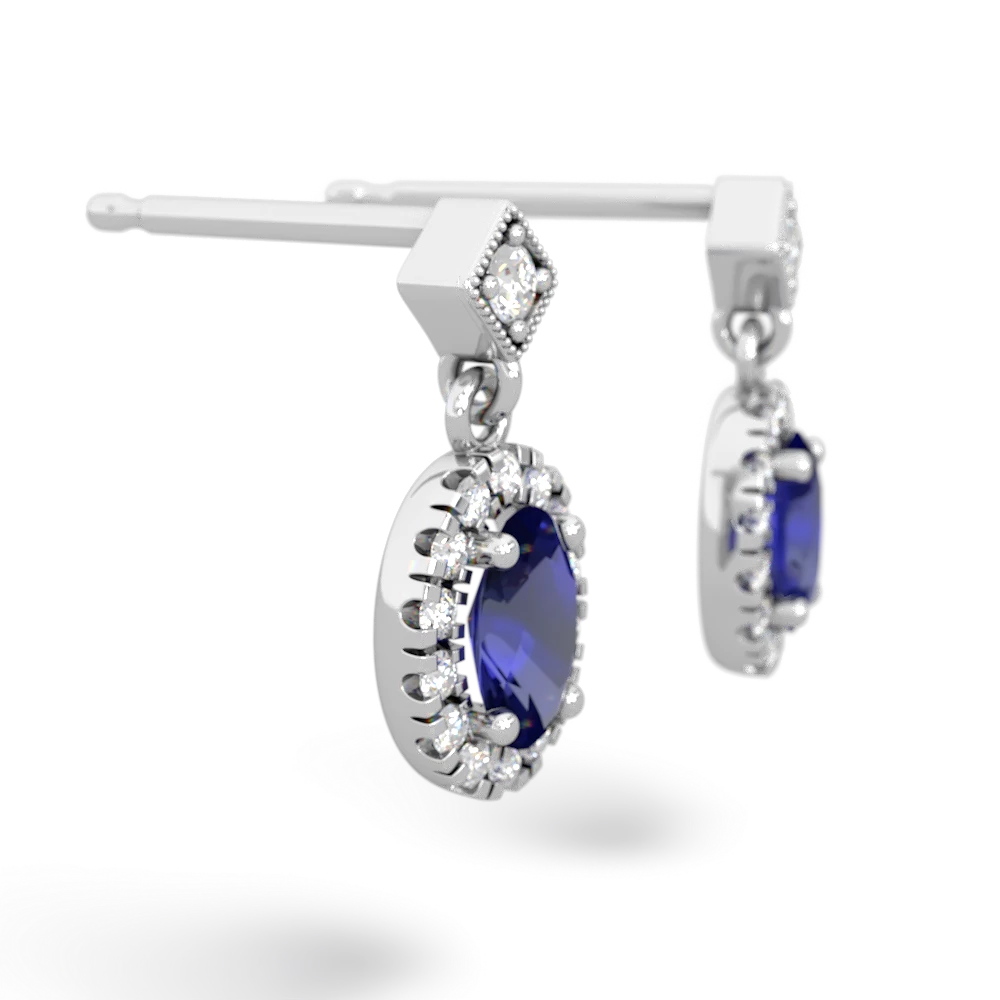 Lab Sapphire Antique-Style Halo 14K White Gold earrings E5720