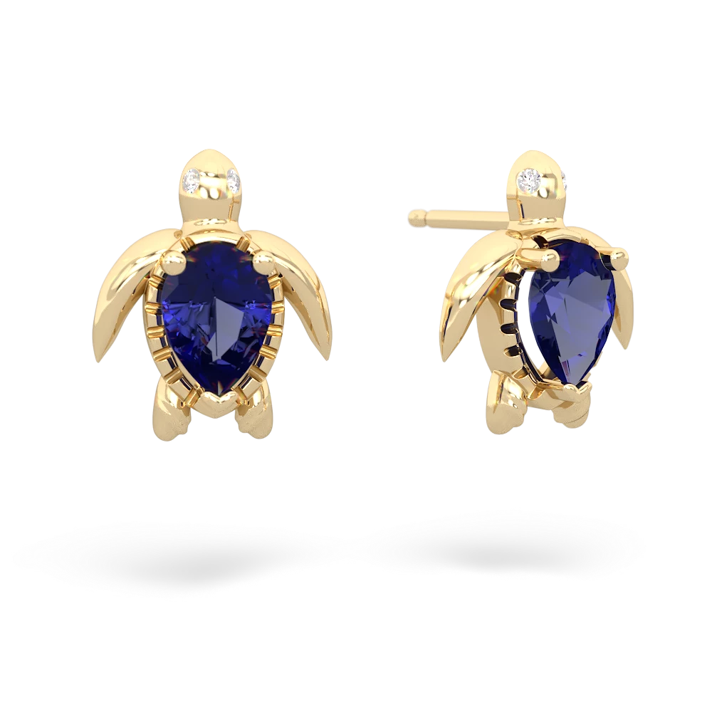 Lab Sapphire Baby Sea Turtle 14K Yellow Gold earrings E5241