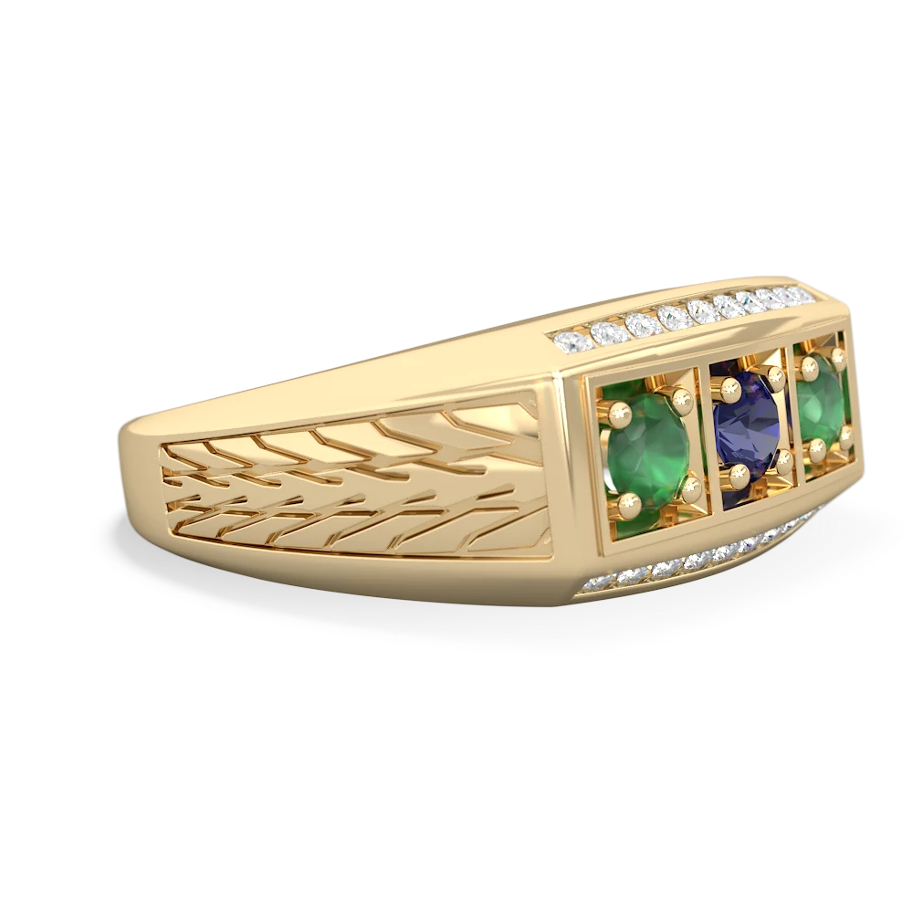 Lab Sapphire Three Stone Tire Tread Men's 14K Yellow Gold ring R0520