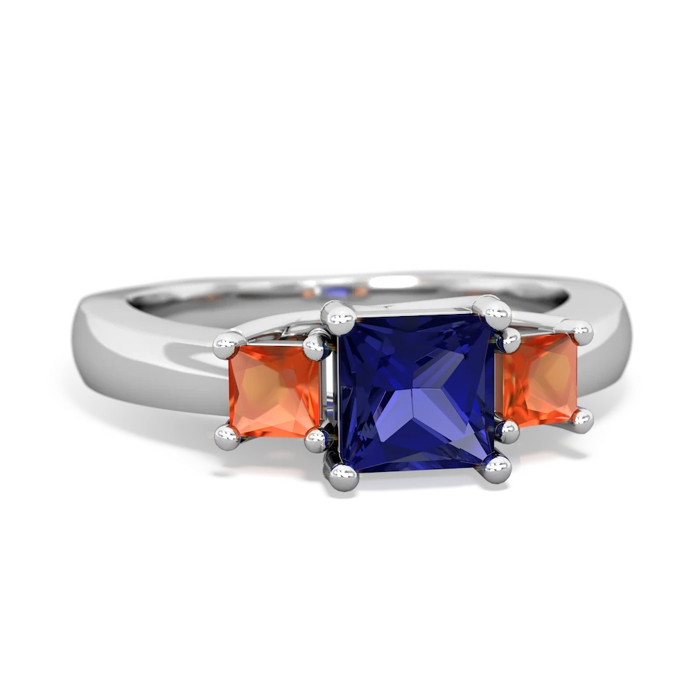 Lab Sapphire Three Stone Trellis 14K White Gold ring R4015