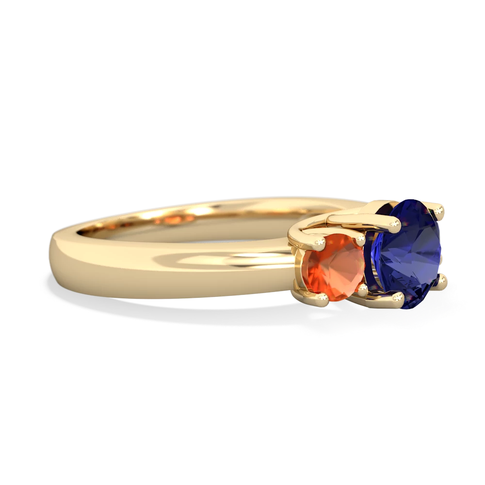 Lab Sapphire Three Stone Round Trellis 14K Yellow Gold ring R4018