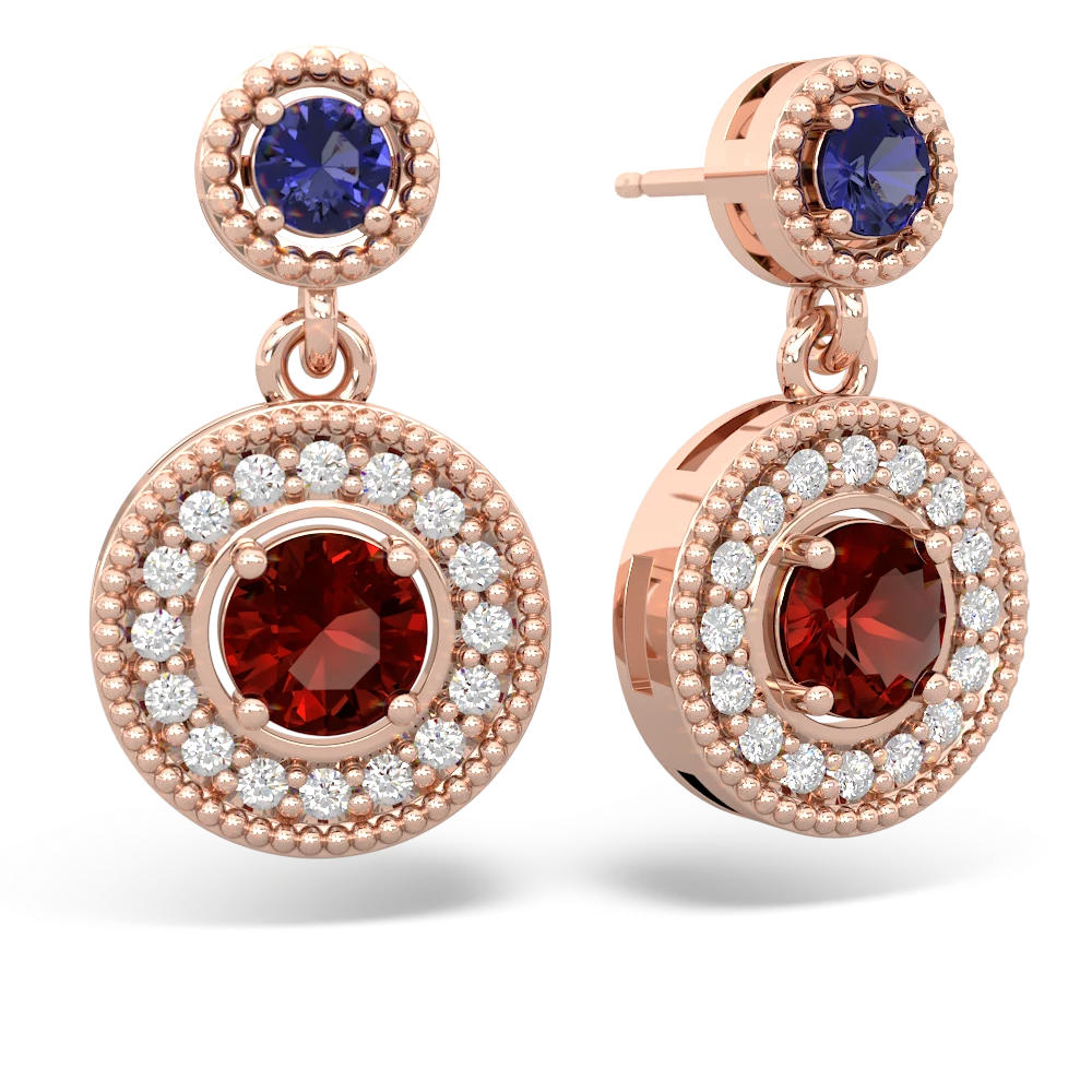 Lab Sapphire Halo Dangle 14K Rose Gold earrings E5319