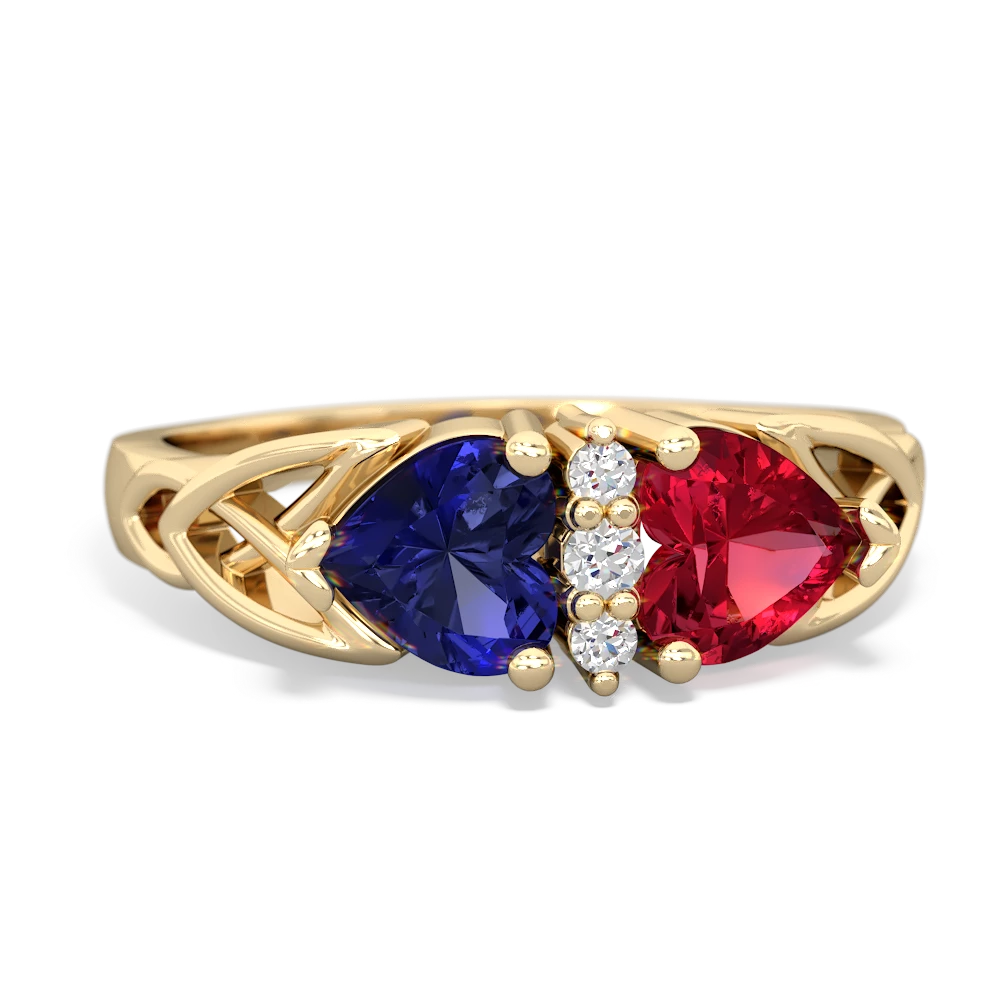 Lab Sapphire Celtic Knot Double Heart 14K Yellow Gold ring R5040