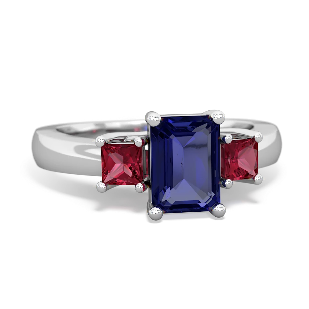 Lab Sapphire Three Stone Emerald-Cut Trellis 14K White Gold ring R4021