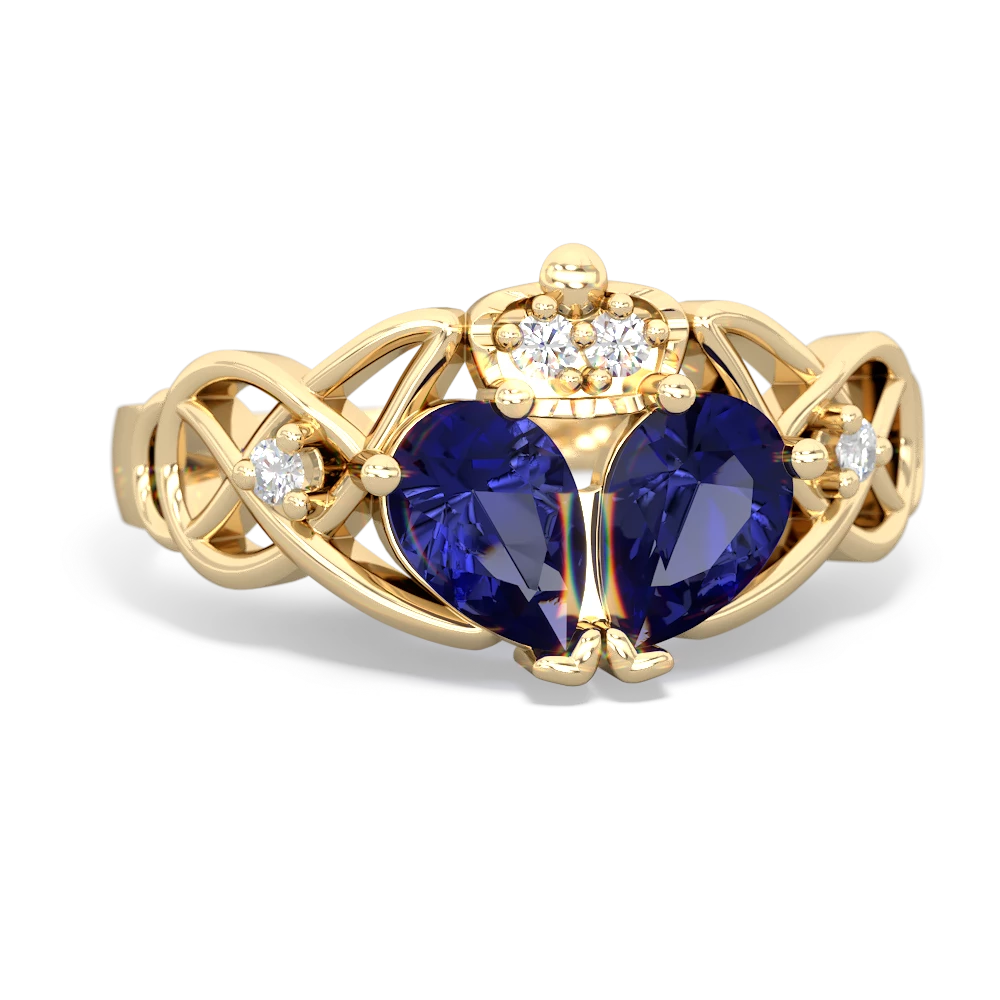 Lab Sapphire 'One Heart' Celtic Knot Claddagh 14K Yellow Gold ring R5322