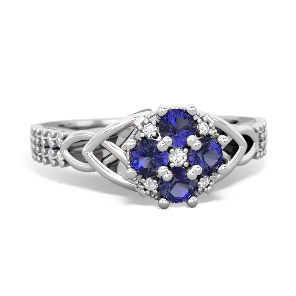 Lab Sapphire Celtic Knot Cluster Engagement 14K White Gold ring R26443RD