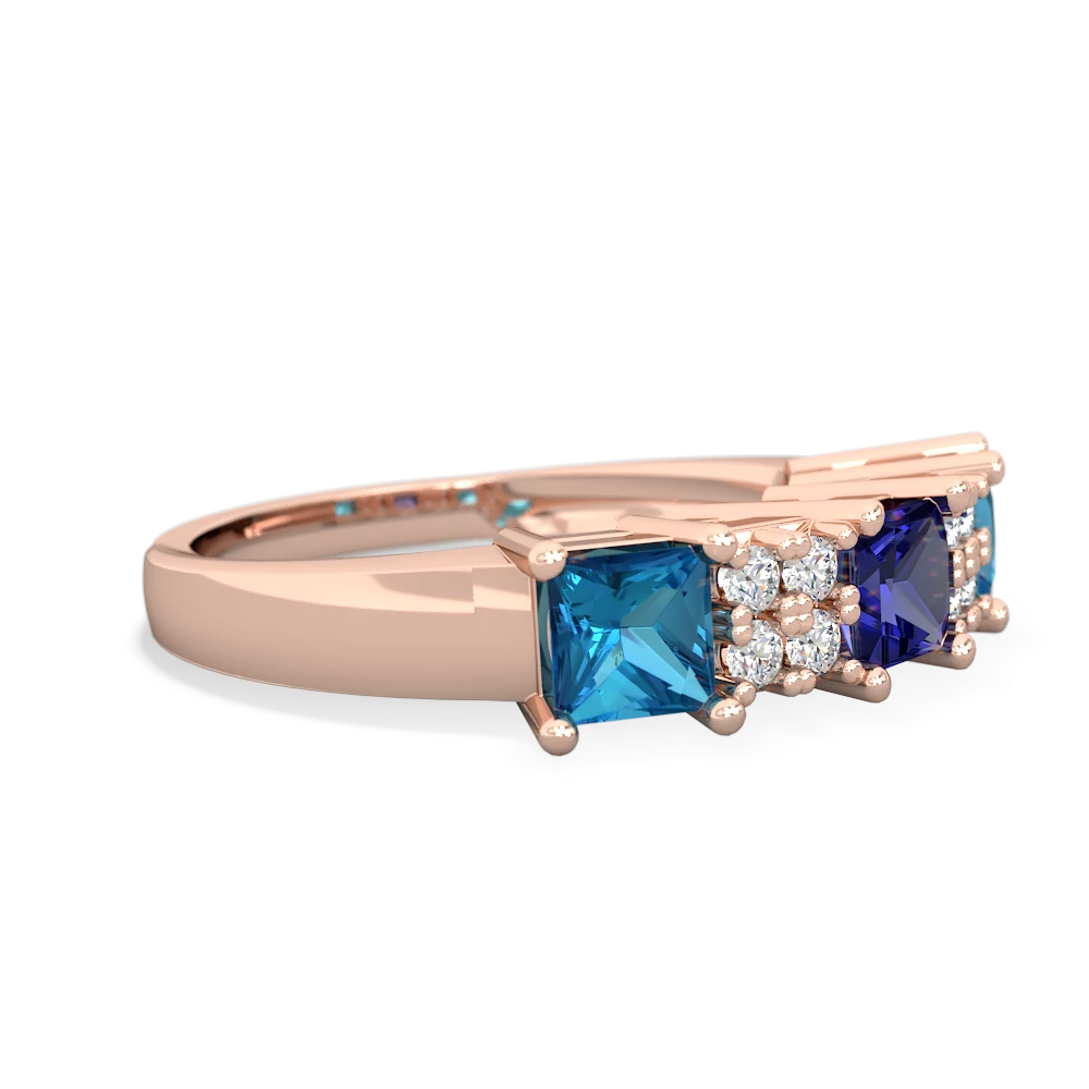 Lab Sapphire Three Stone Diamond Cluster 14K Rose Gold ring R2592