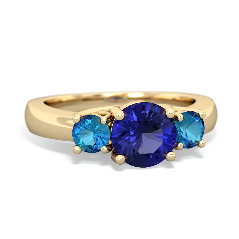 Lab Sapphire Three Stone Round Trellis 14K Yellow Gold ring R4018