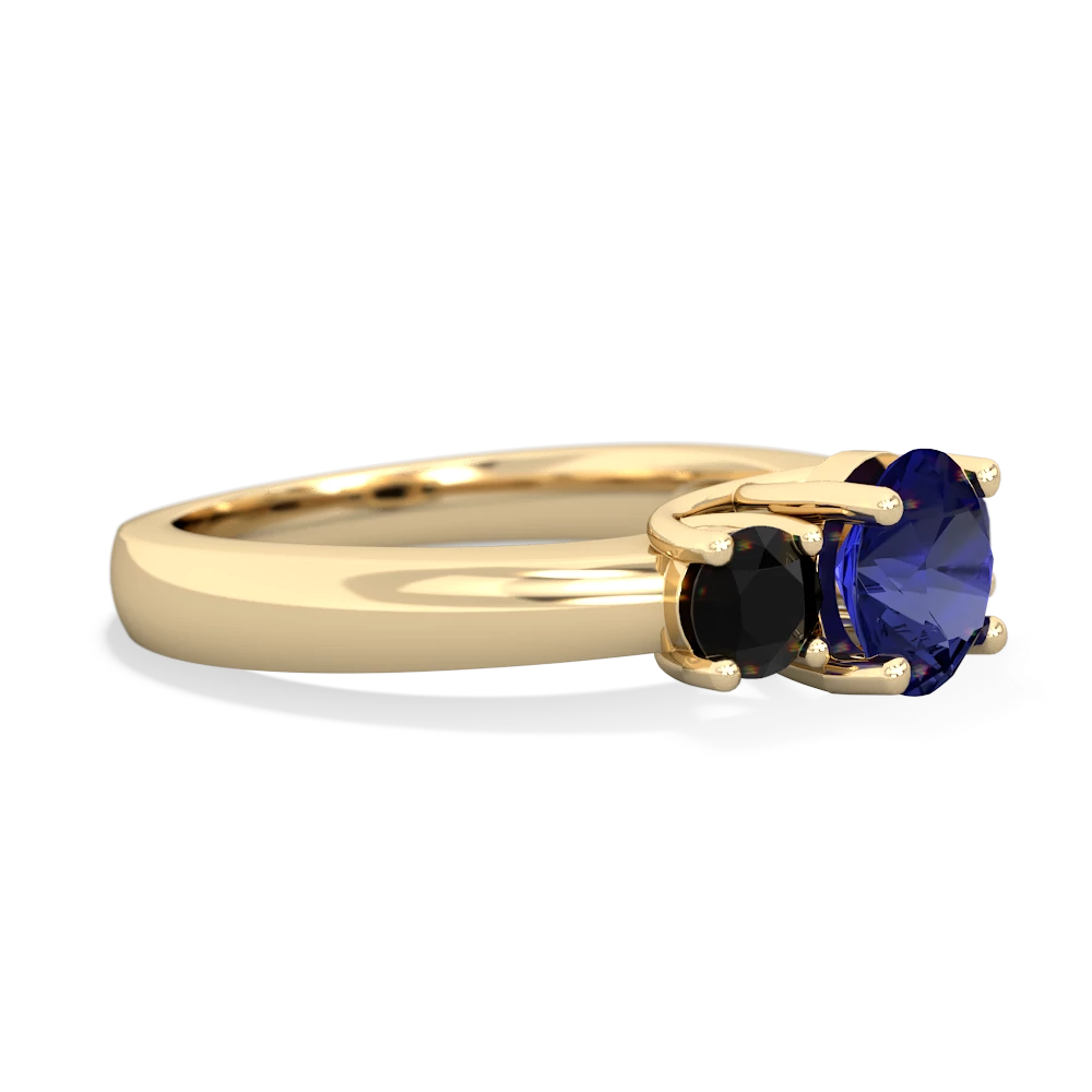 Lab Sapphire Three Stone Round Trellis 14K Yellow Gold ring R4018