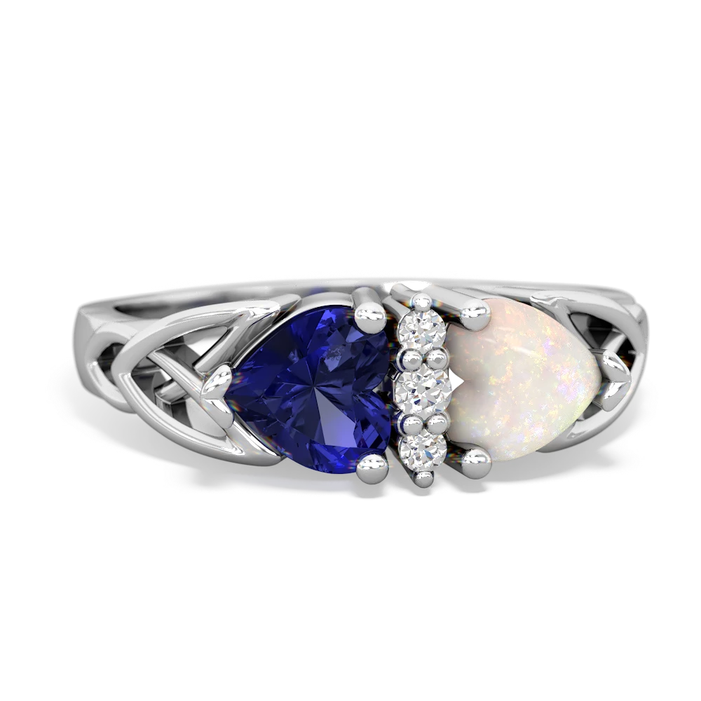 Lab Sapphire Celtic Knot Double Heart 14K White Gold ring R5040