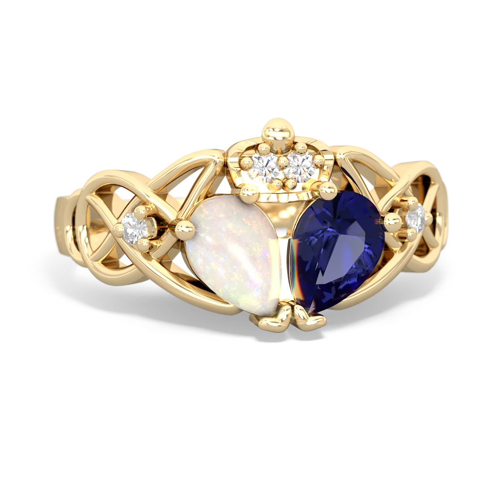 Lab Sapphire 'One Heart' Celtic Knot Claddagh 14K Yellow Gold ring R5322