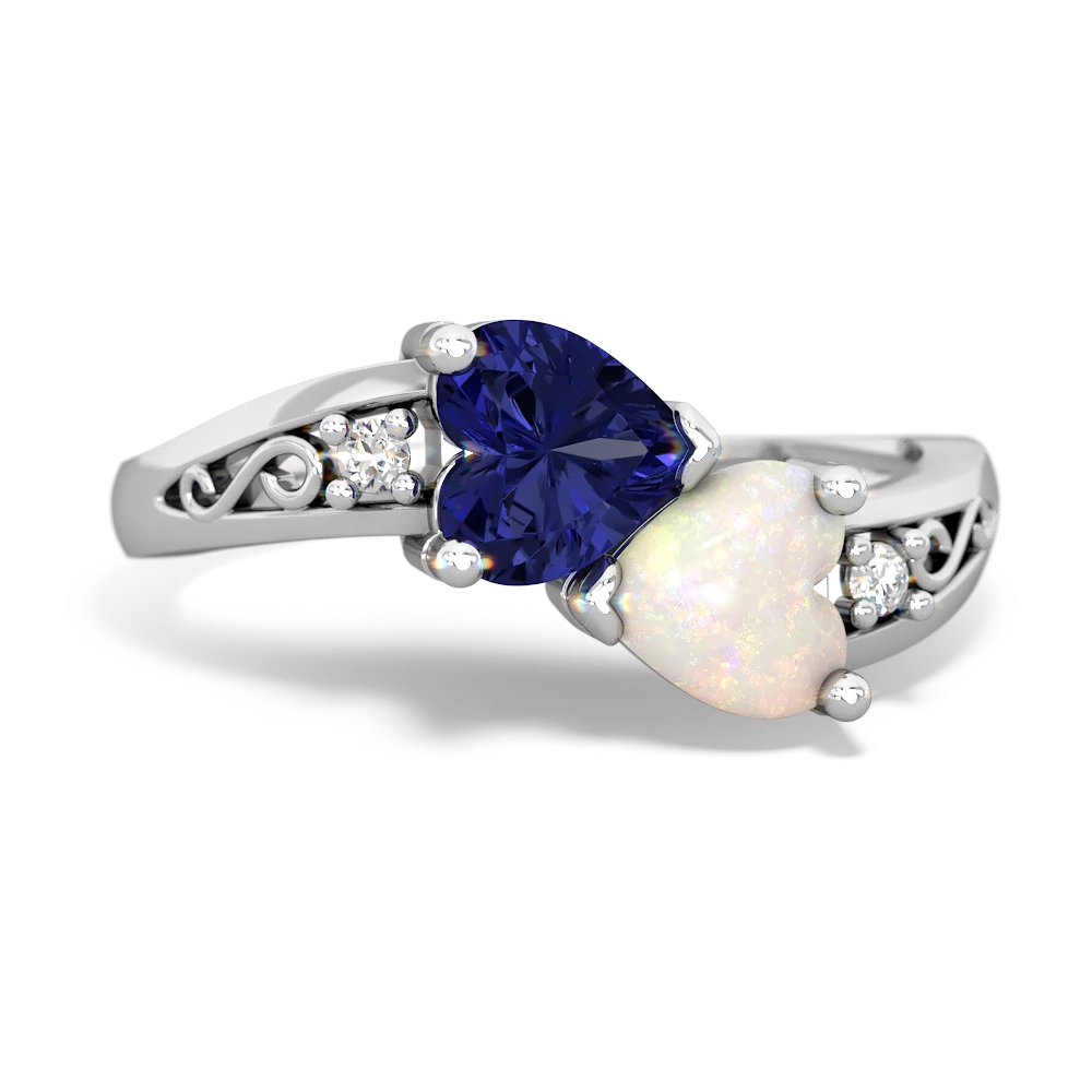 Lab Sapphire Snuggling Hearts 14K White Gold ring R2178