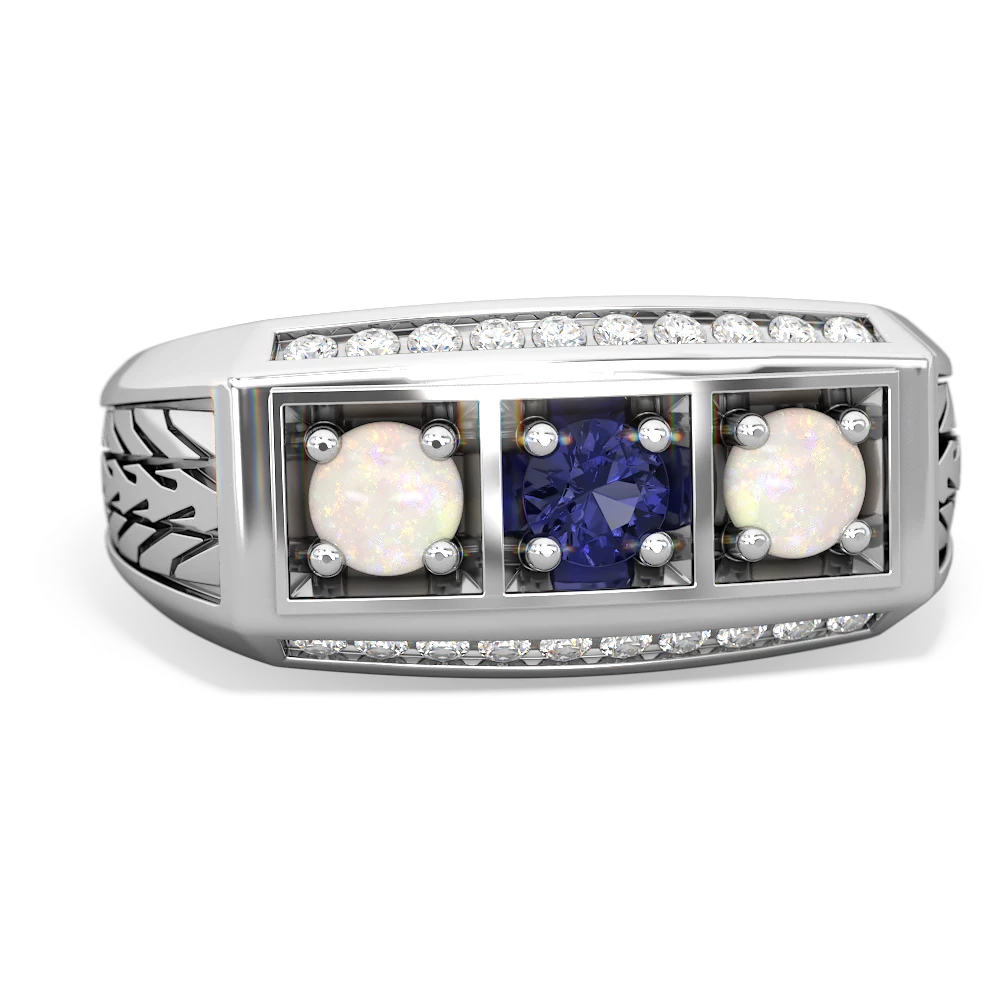 Lab Sapphire Three Stone Tire Tread Men's 14K White Gold ring R0520