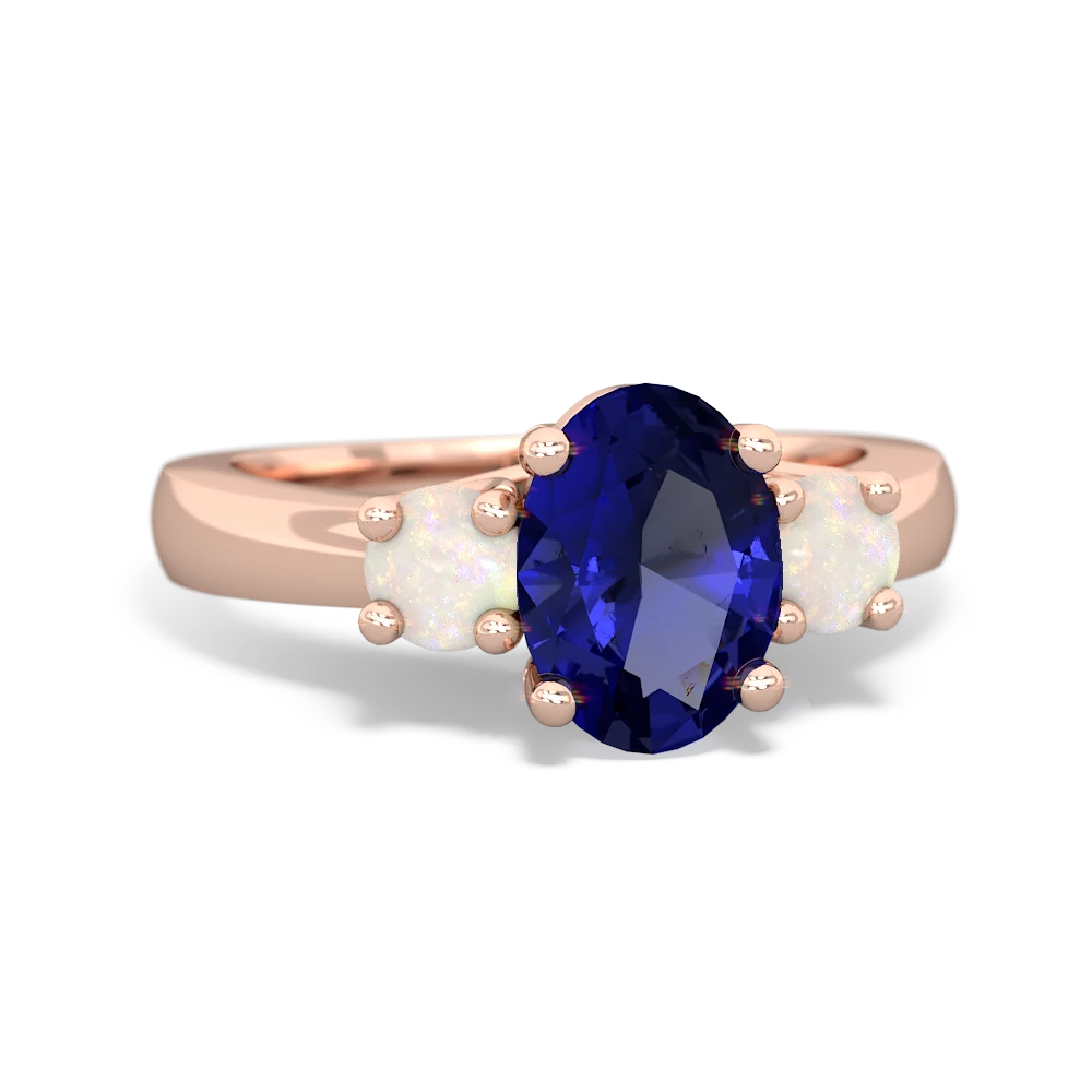 Lab Sapphire Three Stone Oval Trellis 14K Rose Gold ring R4024