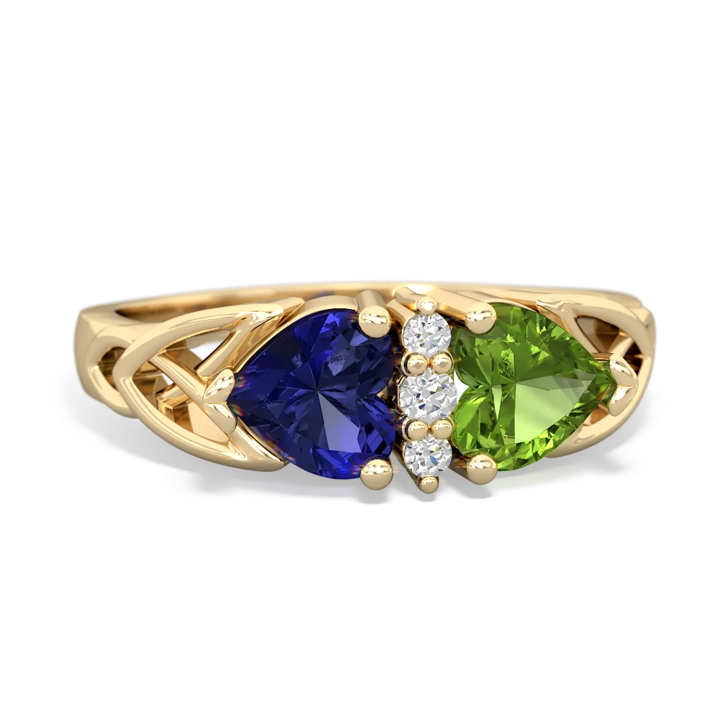 Lab Sapphire Celtic Knot Double Heart 14K Yellow Gold ring R5040