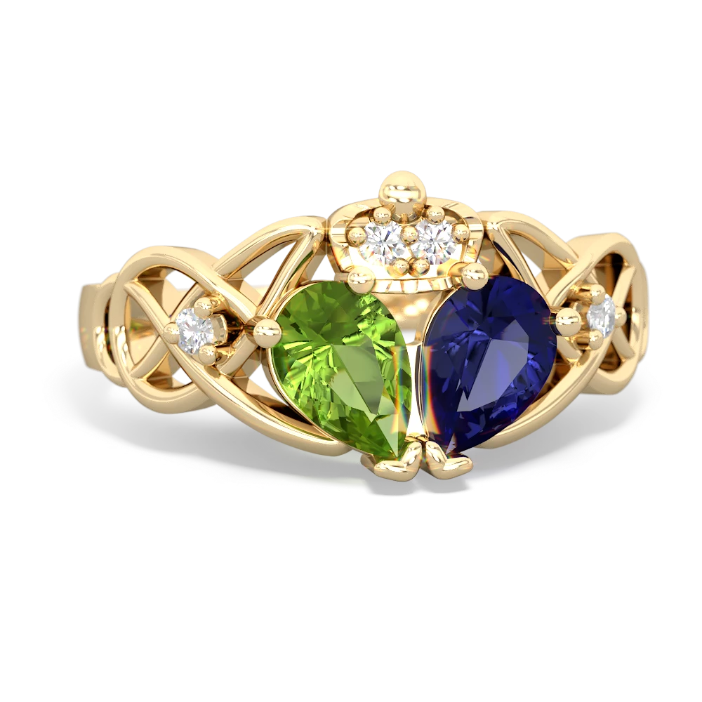 Lab Sapphire 'One Heart' Celtic Knot Claddagh 14K Yellow Gold ring R5322